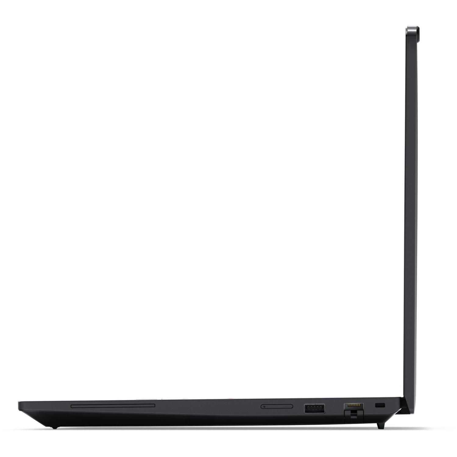 Side view of a black laptop on a white background. The screen is open. Ports are visible on the side.