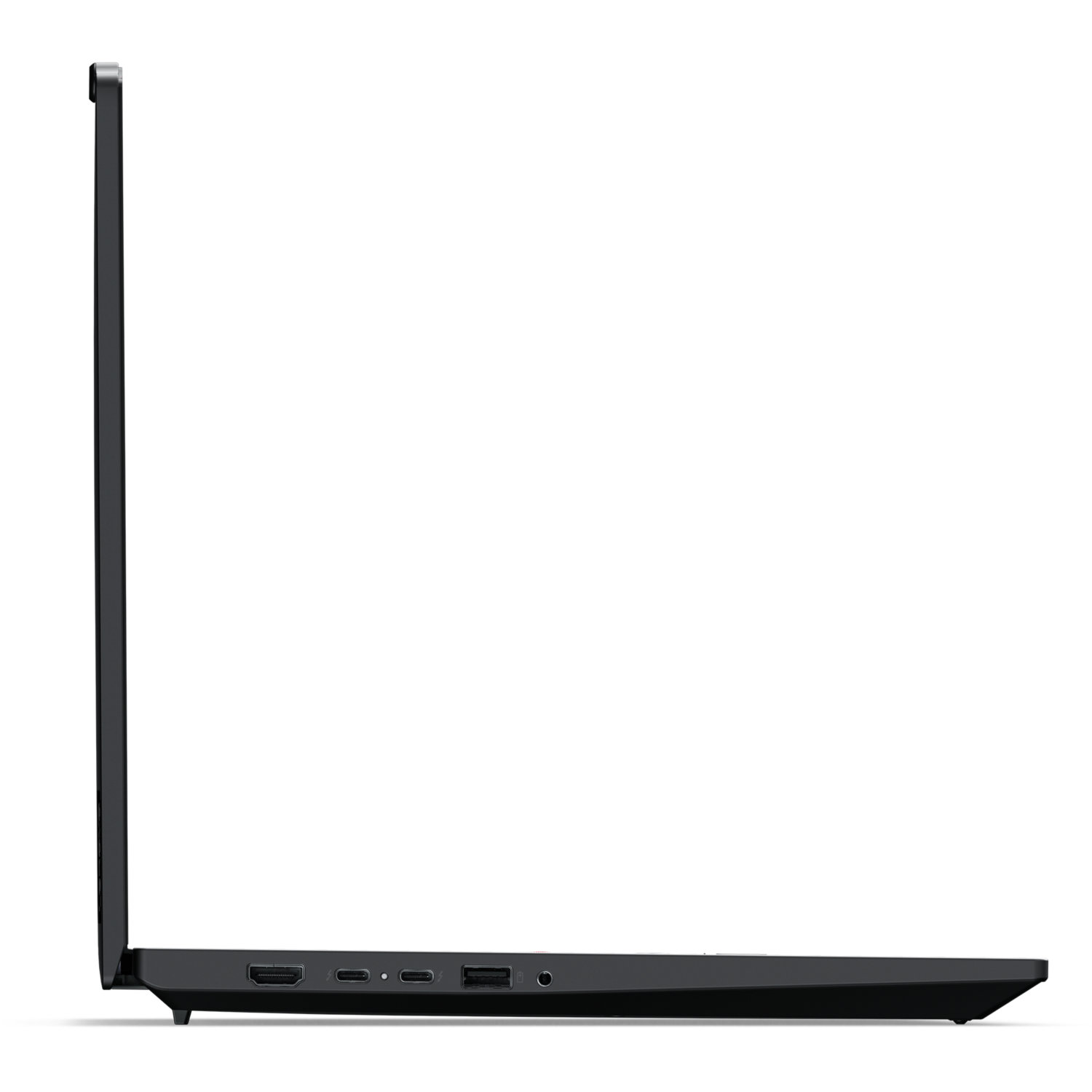 Side view of a black laptop. The screen is open. Ports are visible on the side.
