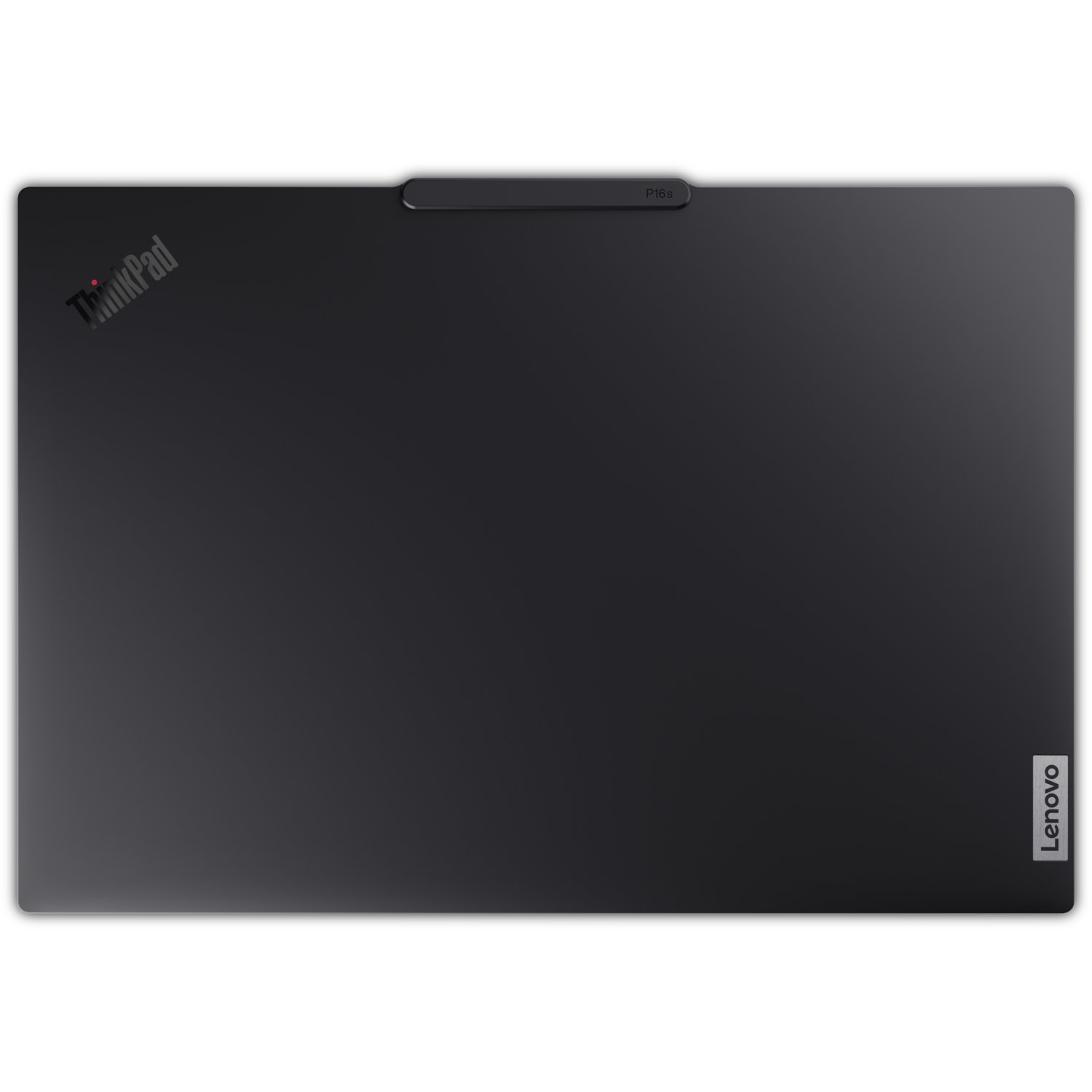 Black Lenovo ThinkPad laptop. ThinkPad logo on the top left, Lenovo on the bottom right. P16s label on the top edge.