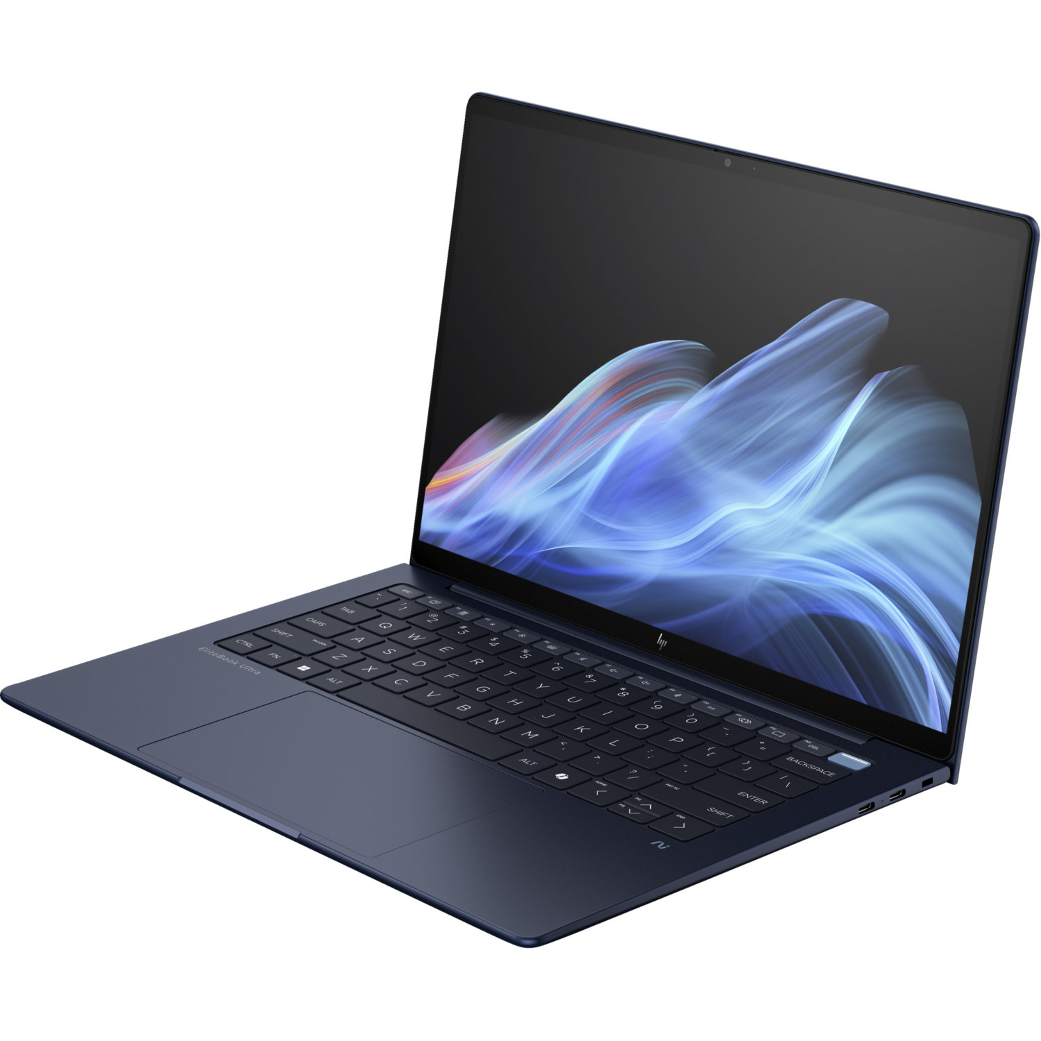 A dark blue laptop is displayed open. The screen shows a blue and white abstract design. The keyboard is visible, with keys and trackpad.