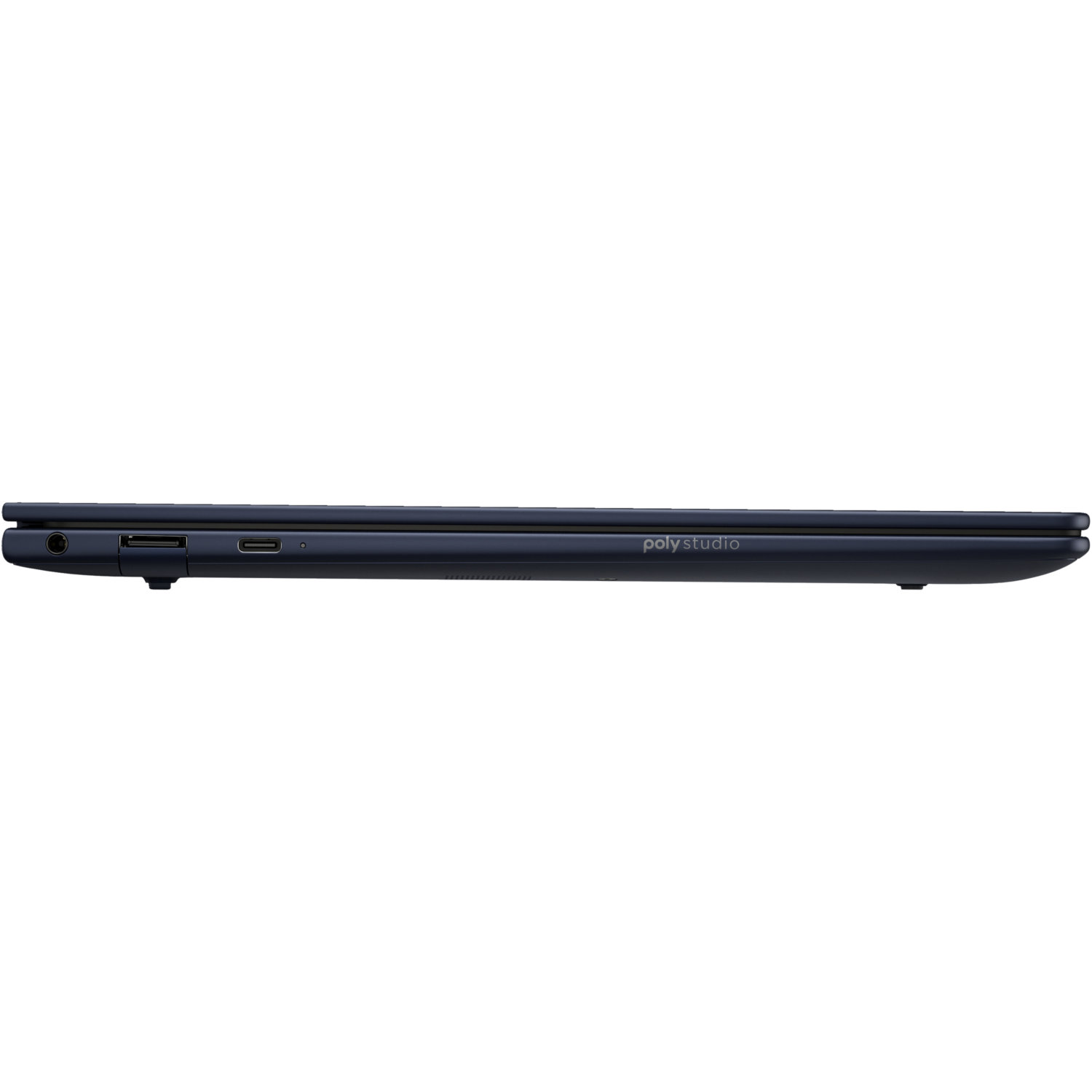 Side view of a dark blue laptop with 'polystudio' written on it. Visible ports include audio, USB, and charging.