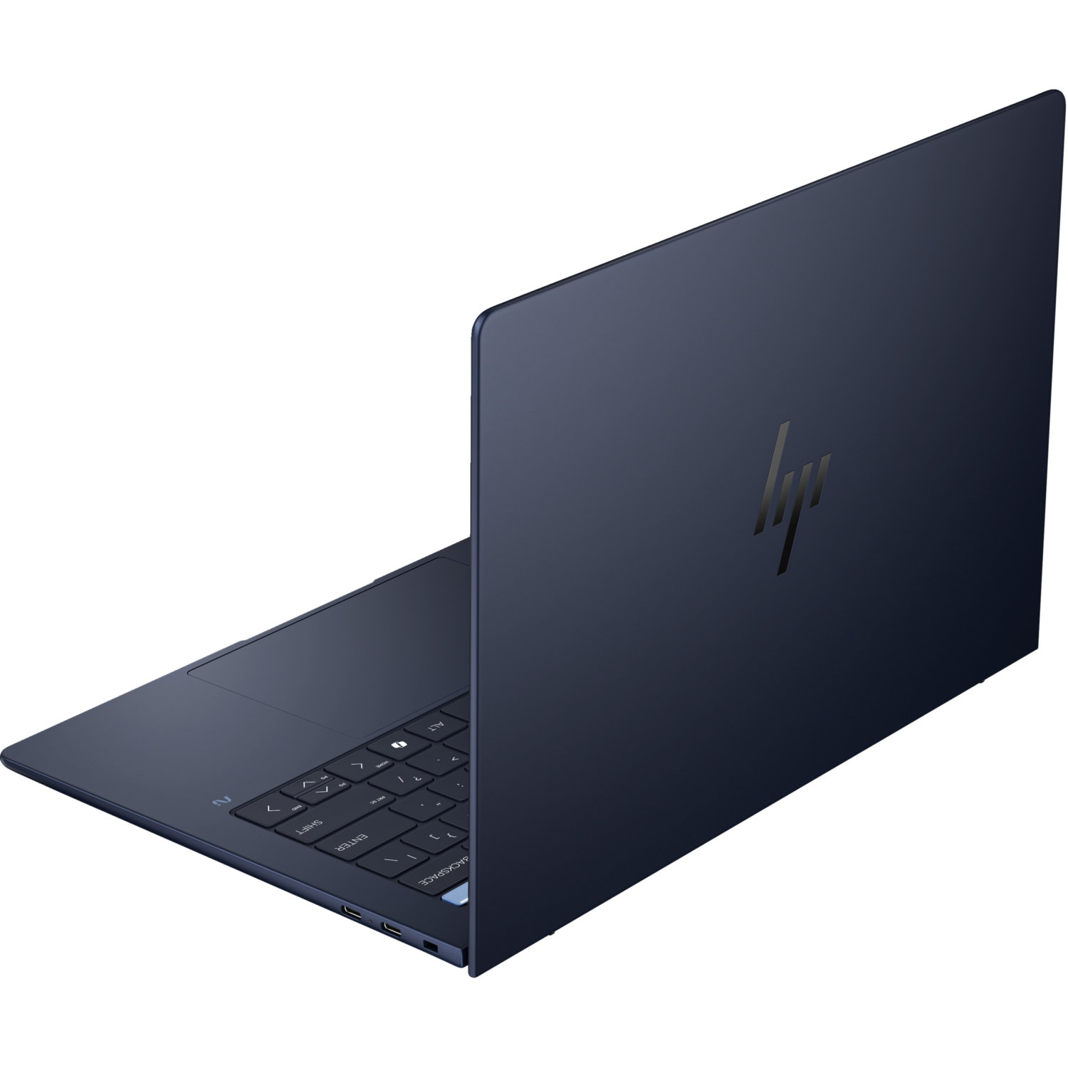 A navy blue HP laptop, partially open, showing the keyboard. The HP logo is visible on the lid. The background is white.