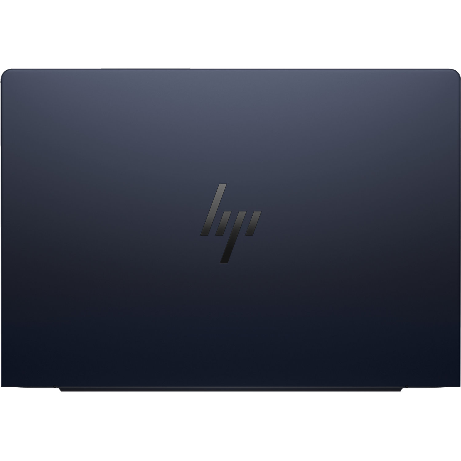 A navy blue laptop lid with the HP logo in the center. The surface is smooth and reflective, with rounded corners.