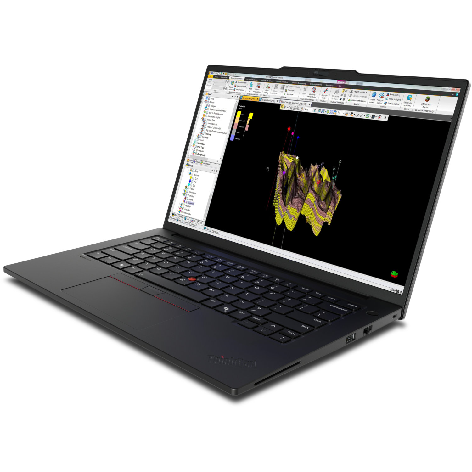 Black laptop displaying a software interface with colorful 3D data visualization and a keyboard.