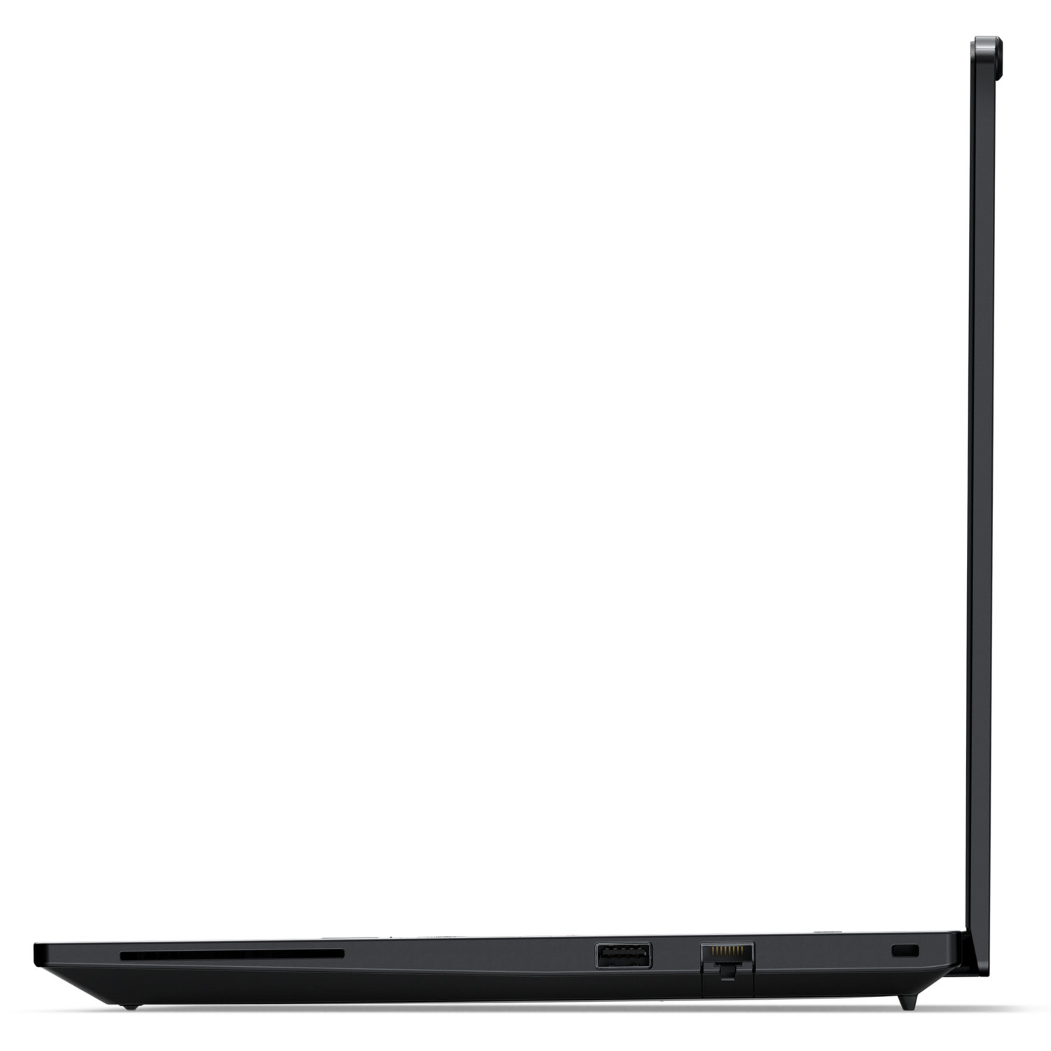 Side view of a black laptop. The screen is closed. Ports and a vent are visible on the side. The background is white.