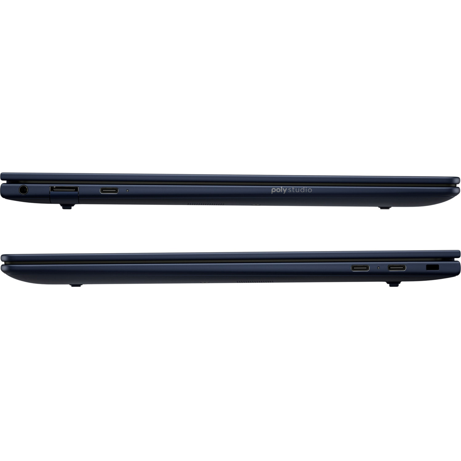 Two dark blue laptops are shown side by side. The poly studio logo is visible on the top one.