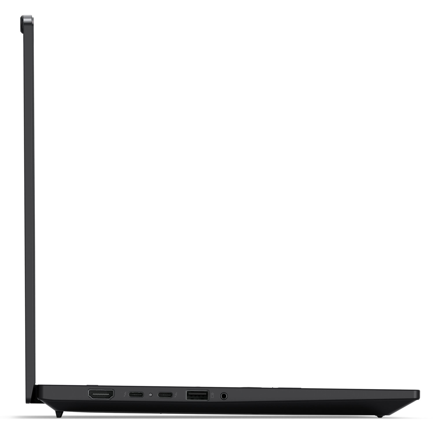 Side view of a black laptop. Ports visible include HDMI, USB, and audio jack. The screen is closed. The background is white.