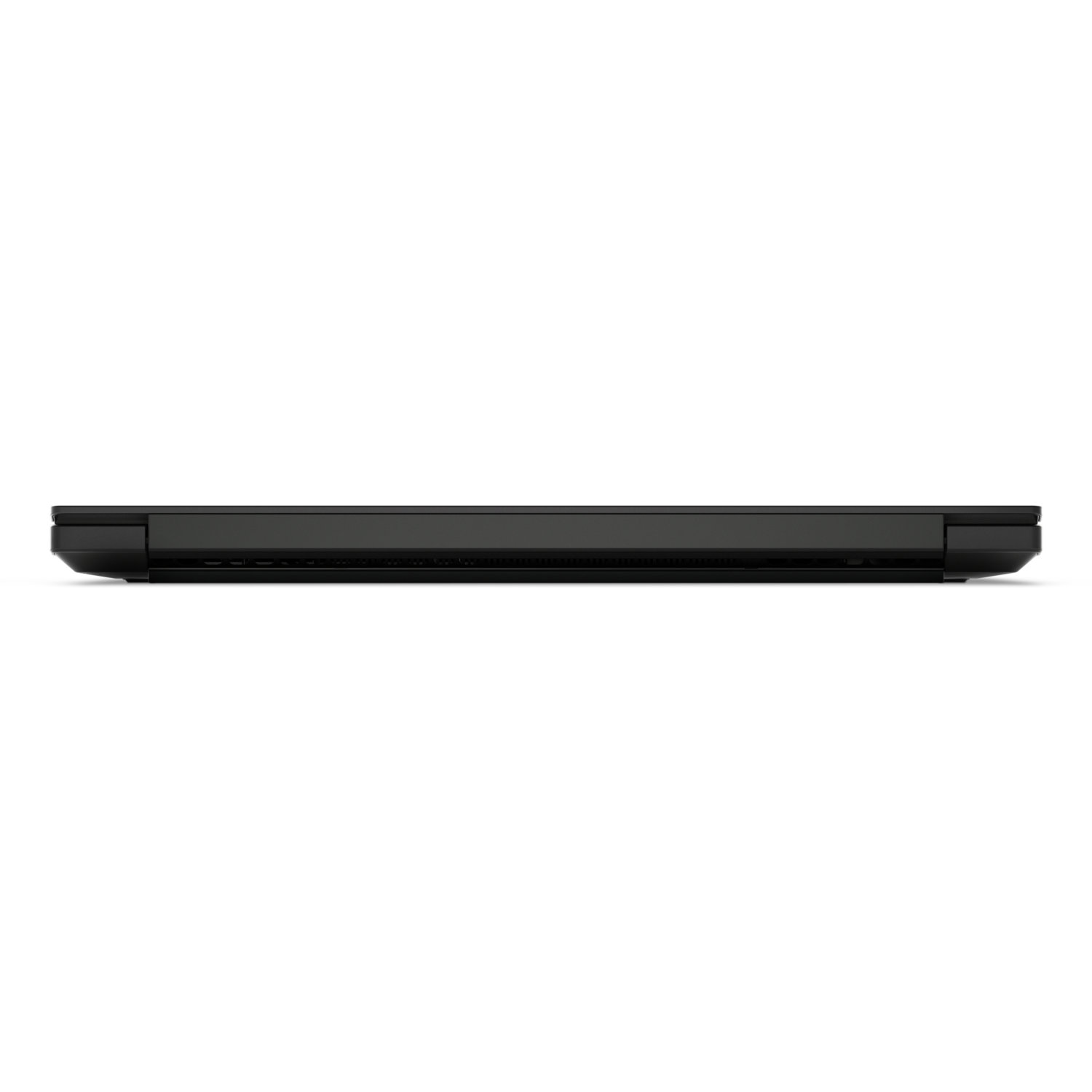 Side view of a closed, black laptop on a white background. The laptop is centered, showing the top edge and ports.