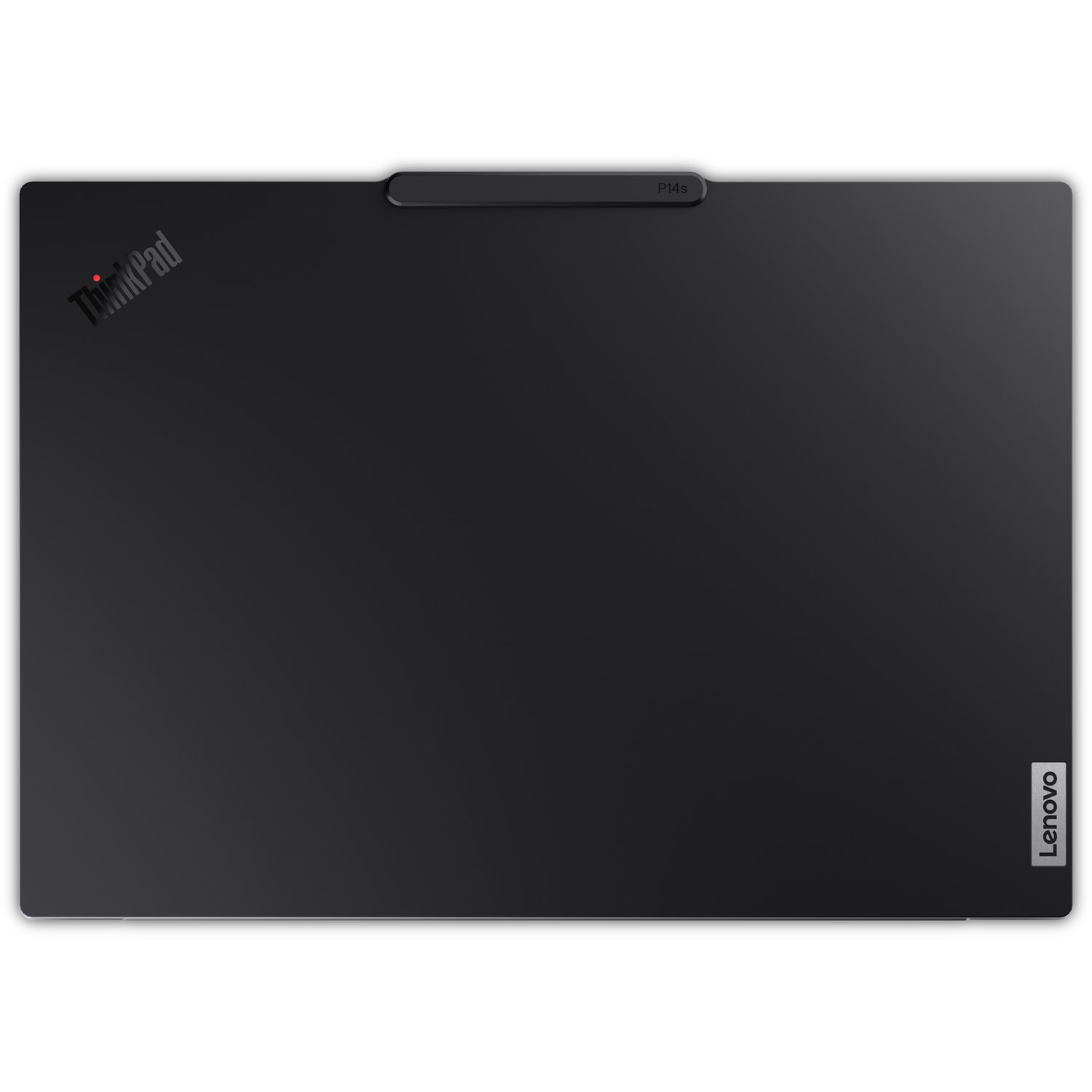 Black Lenovo ThinkPad laptop. The top shows ThinkPad logo, P14s label, and Lenovo logo. The laptop is on white background.