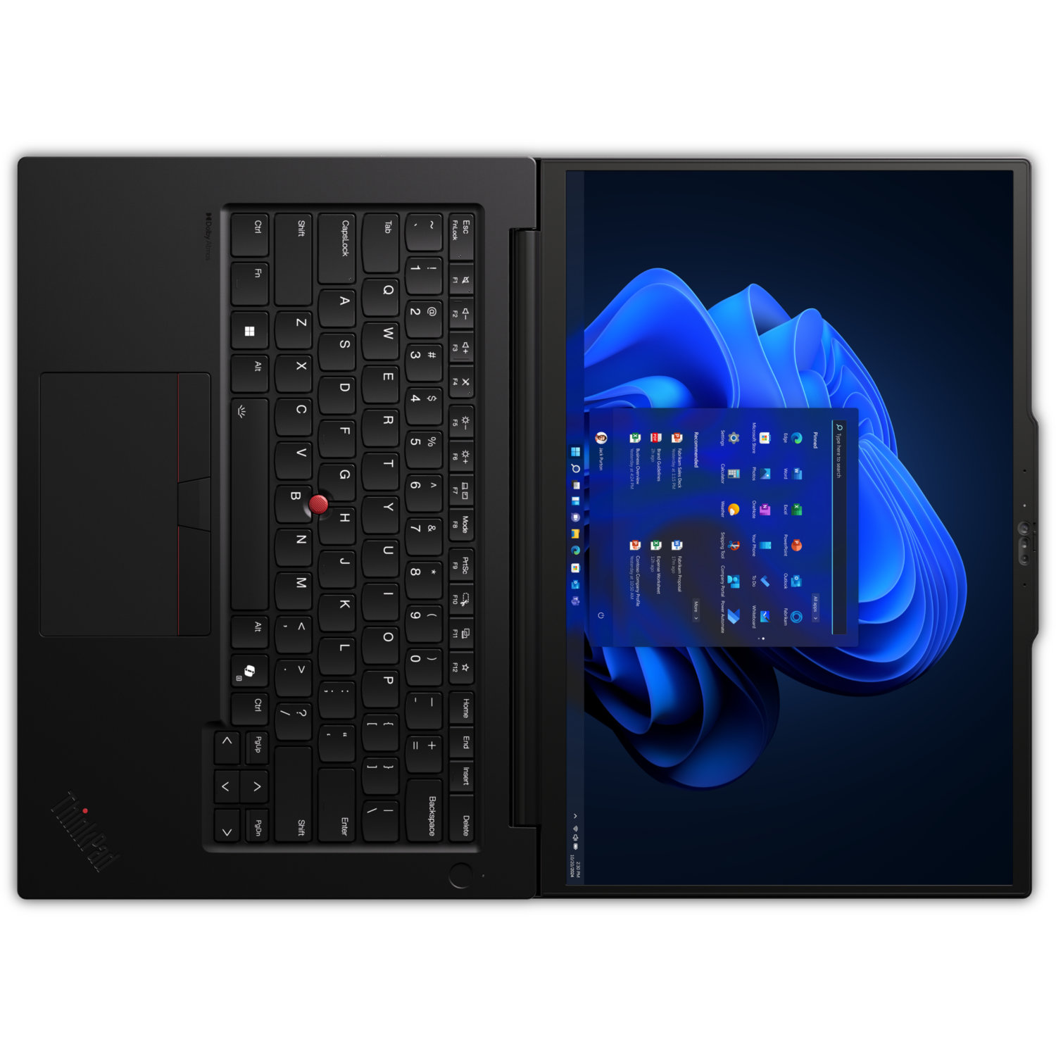 Black ThinkPad laptop open. Keyboard on the left, screen on the right. Windows interface is visible on the screen.