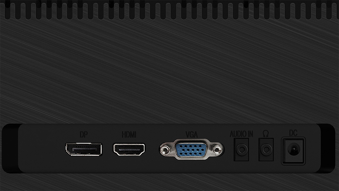Fekete panel DP, HDMI, VGA, Audio In és DC feliratú csatlakozó portokkal. A panel texturált felületű.