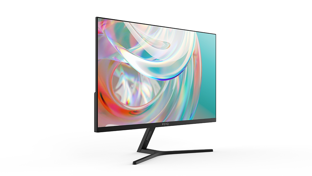 Egy fekete számítógép monitor színes, absztrakt kijelzővel, fehér háttérrel. Modern állvánnyal és PEAQ márkajelzéssel.