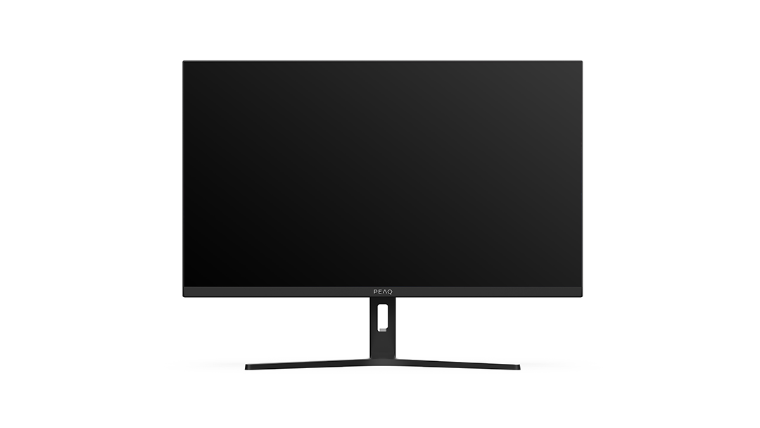 Egy fekete számítógép monitor fekete állvánnyal fehér háttérben. A képernyő fekete képet jelenít meg.
