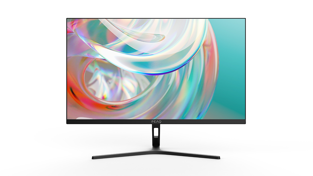 Egy fekete számítógép-monitor színes, absztrakt háttérrel. A monitor fehér felületen van.