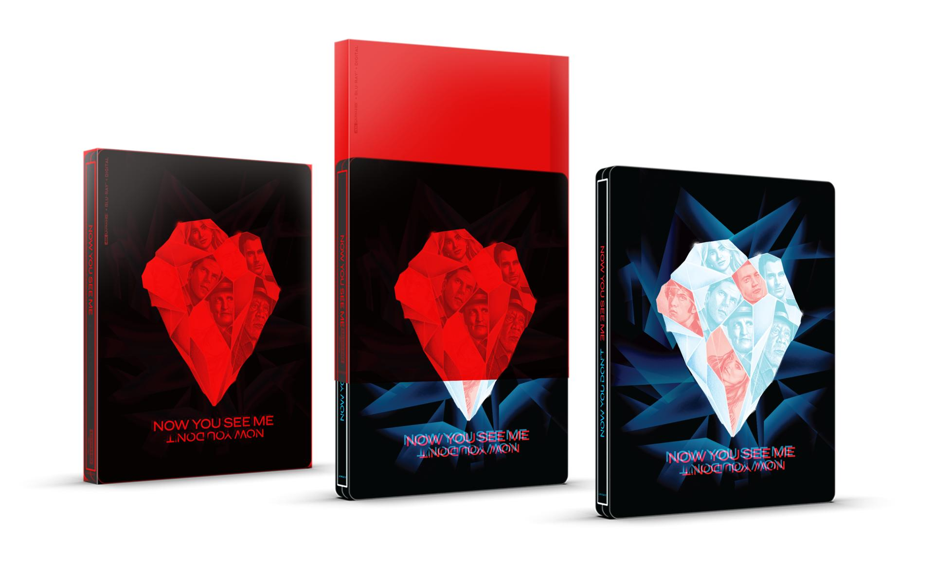 Drei Filmhüllen mit dem Titel 'Now You See Me'. Jede Hülle zeigt ein geometrisches Herz mit Gesichtern und einem rot/blauen Farbschema.