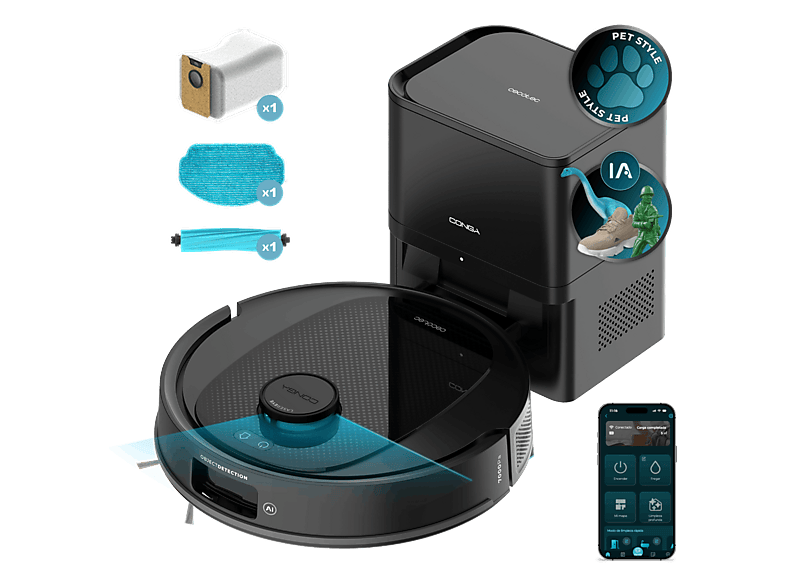 Robot friegasuelos- Cecotec Conga Y80, Navegación inteligente, Programable, 13000 Pa succión, Base 2,5L, Mascotas
