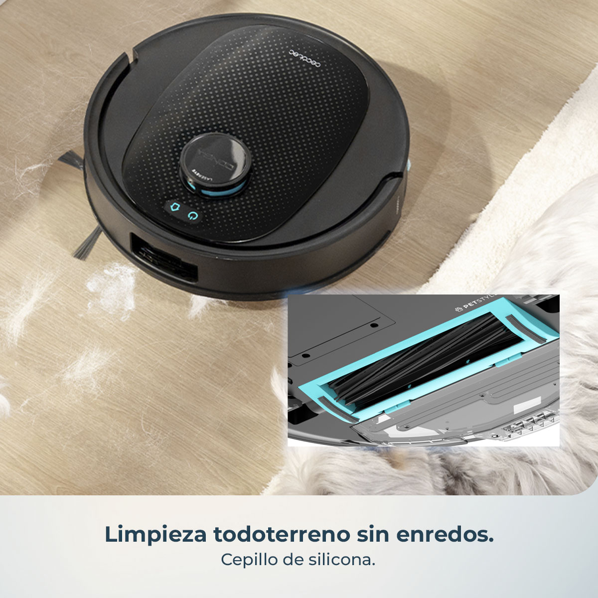 Una aspiradora robot negra en piso de madera limpia pelo de mascotas. Detalle muestra un cepillo. Texto: limpieza todoterreno sin enredos.