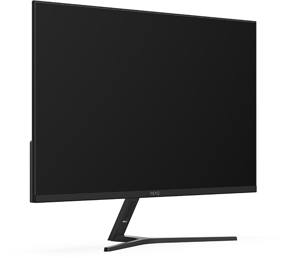 Egy fekete számítógép monitor fehér háttéren. Van egy állványa. A PEAQ márkanév látható alul.