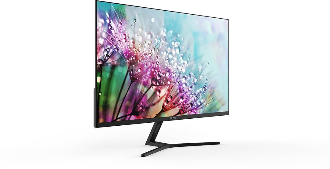 Modern számítógép monitor, színes virágművészettel. A monitor fekete, karcsú állvánnyal, fehér háttér előtt.