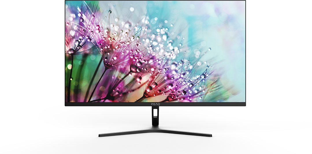 A számítógép monitora színes, absztrakt képet jelenít meg vízcseppekről egy növényen. A monitor fehér felületen van.