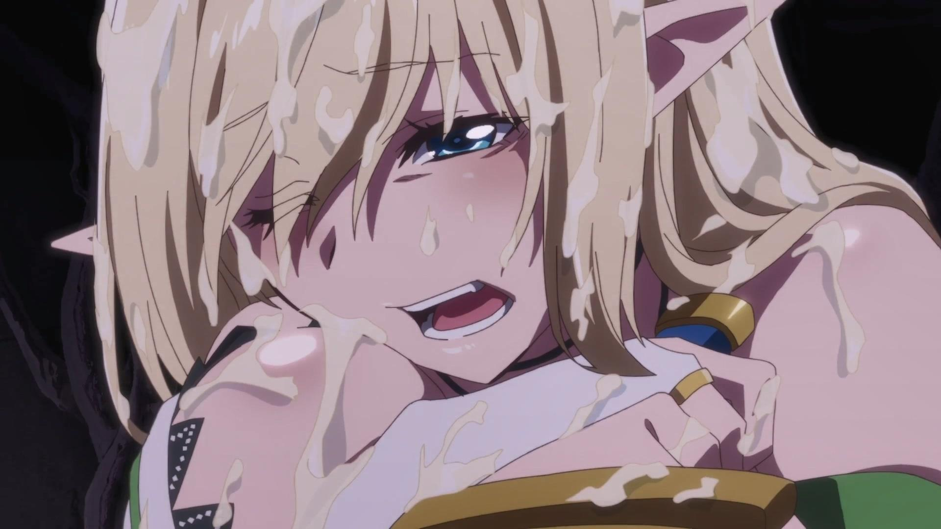 Anime-Illustration einer Frau mit blonden Haaren, blauen Augen und Elfenohren. Sie hat eine weiße Substanz im Gesicht und auf der Kleidung, mit einem anzüglichen Ausdruck.