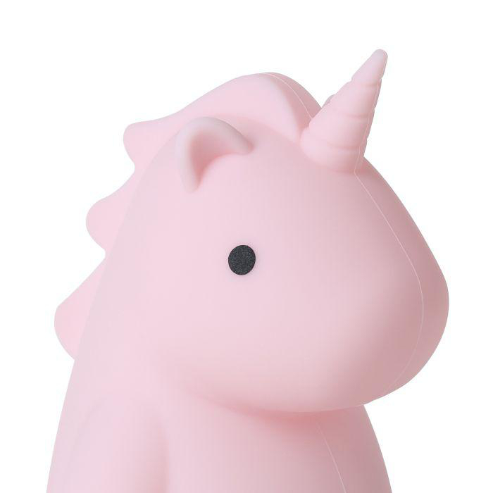 Eine rosa Einhornfigur mit einem schwarzen Auge. Es hat ein Horn und Mähnen Details. Der Hintergrund ist weiß.
