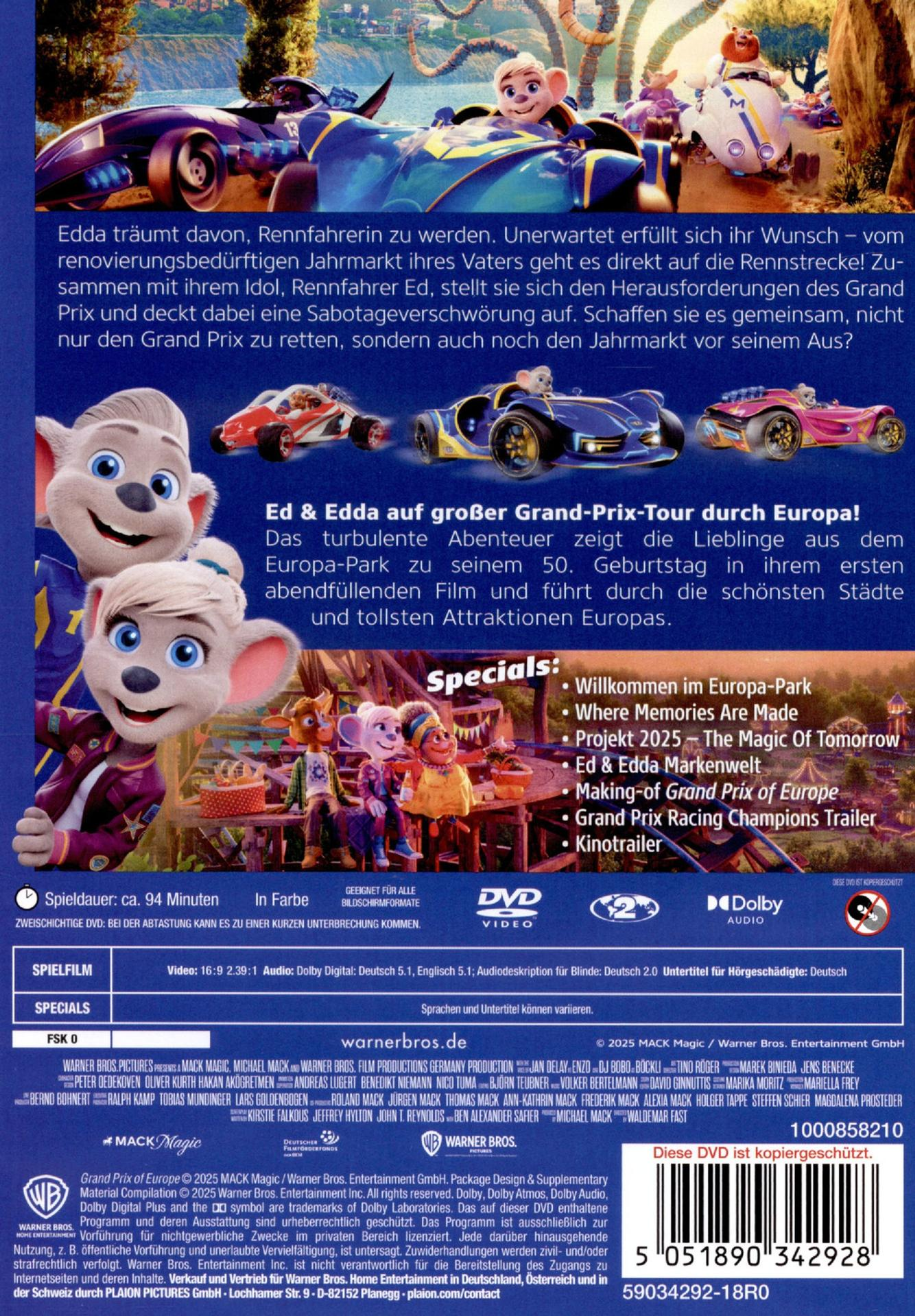 DVD-Cover. Animierte Charaktere und Rennwagen. Text über den Film ist sichtbar.