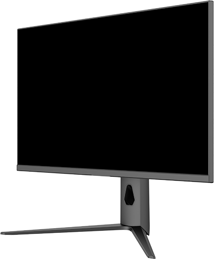 Egy modern számítógép monitor. Fekete képernyője, szürke kerete és szürke állványa van.