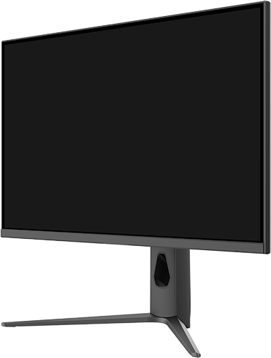 Egy modern számítógép monitor. Nagy fekete képernyője, szürke állványa és karcsú, minimalista dizájnja van.