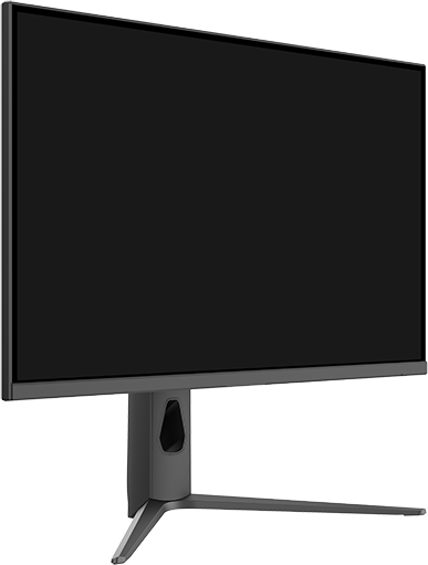 Egy szürke számítógép monitor fekete képernyővel, szögben. Egyedi kialakítású állvánnyal rendelkezik.