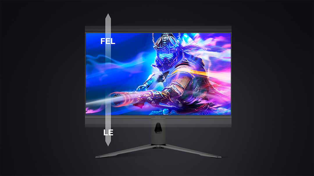 Egy gamer monitor egy színes jelenetet jelenít meg egy harcosról. A nyilak a FEL és LE felirattal ellátott képernyőre mutatnak, sötét háttéren.