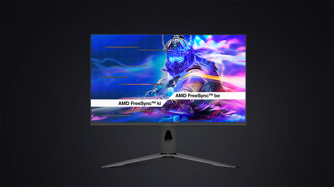 Monitor egy színes harcos grafikával. A monitornak vékony keretei és állványa van. Az AMD FreeSync ki és be szöveg látható.