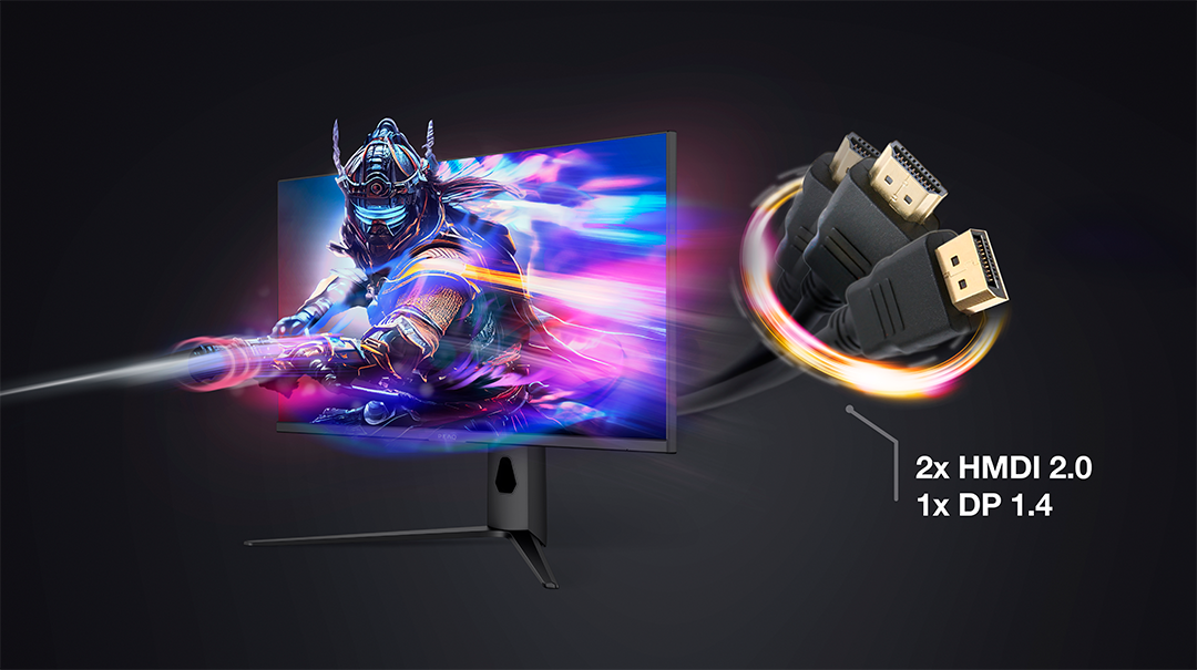 Egy gamer monitor egy futurisztikus harcost jelenít meg. HDMI kábelek jobbra. A szöveg 2x HMDI 2.0 és 1x DP 1.4-et jelöl.