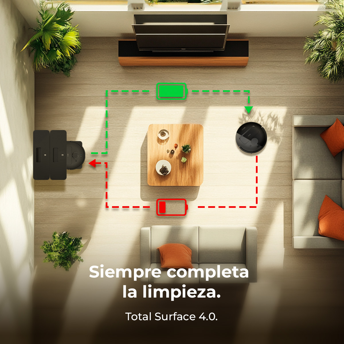 Una aspiradora robot limpia una habitación. La imagen muestra la ruta de limpieza y el estado de la batería. El texto dice 'Siempre completa la limpieza'.