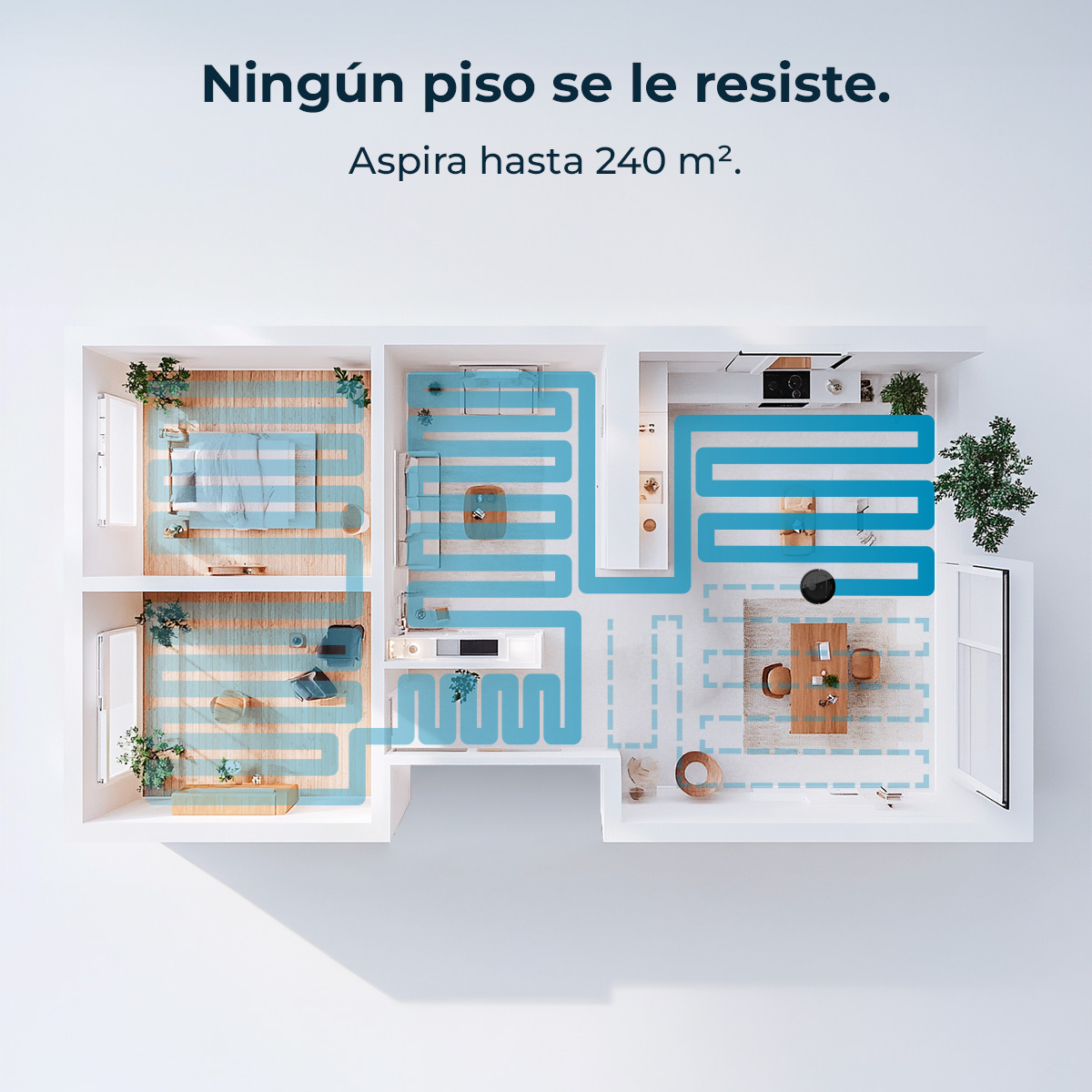 Plano de una casa con ruta de limpieza marcada en azul. Las habitaciones incluyen un dormitorio, cocina y sala de estar. Texto: 'Ningún piso se le resiste'.