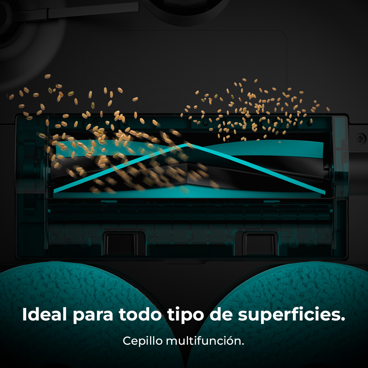 Primer plano de un componente de aspiradora con residuos extraídos. Texto: Ideal para todo tipo de superficies. Cepillo multifunción.