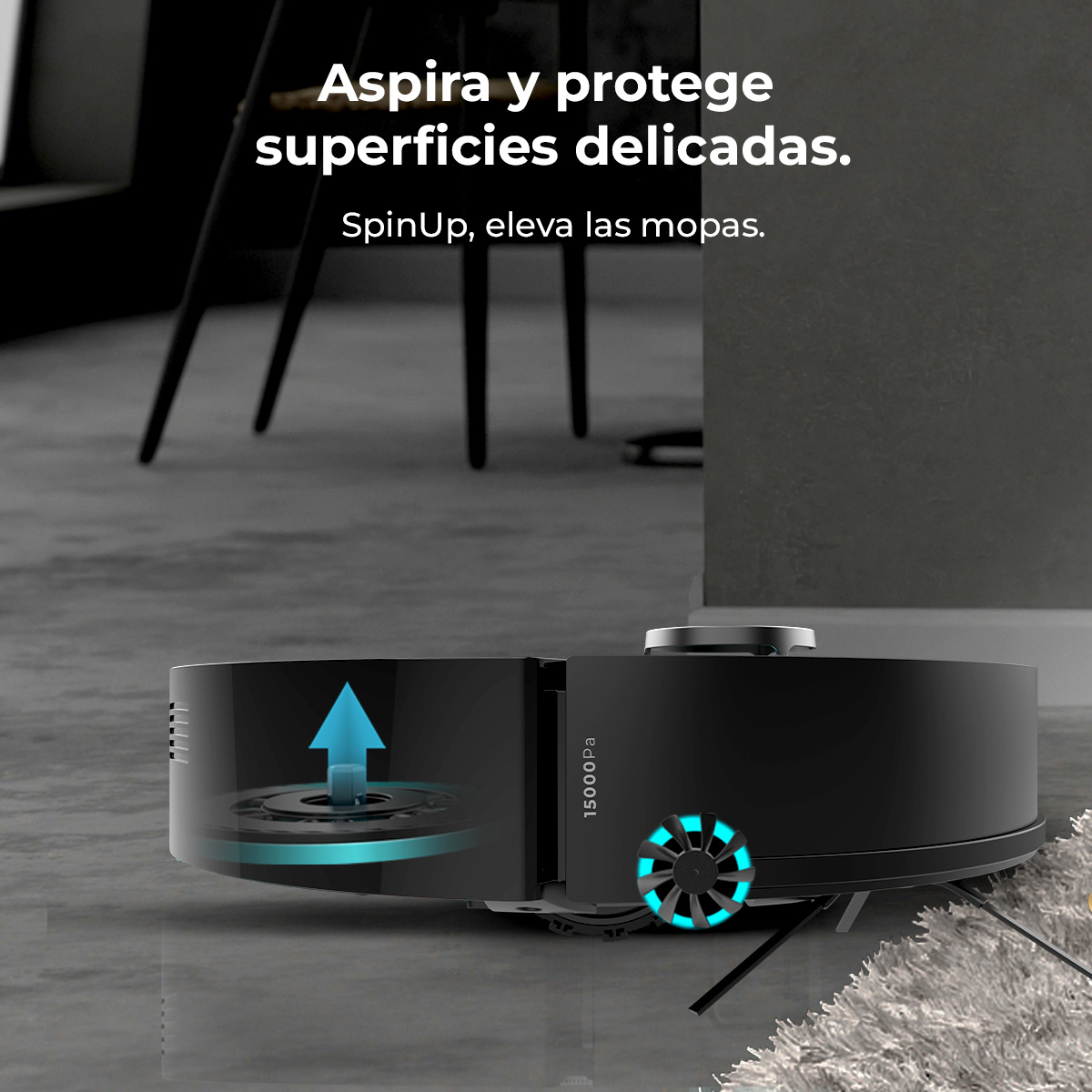 Un robot aspirador negro sobre un suelo gris. El texto dice que protege las superficies delicadas. Una flecha azul indica una función.