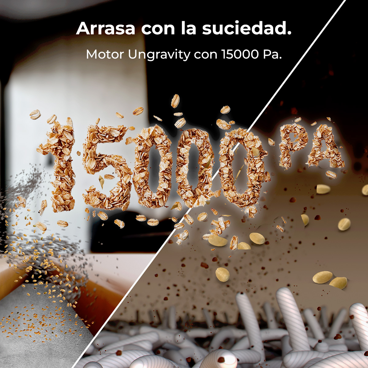 Imagen muestra '15000 PA' hecho de avena. Texto dice 'Motor Ungravity' y 'Arrasa con la suciedad.' Avena cayendo sobre superficie blanca.