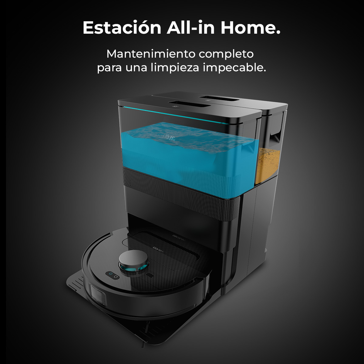 Una aspiradora robot negra con una estación de acoplamiento. La estación tiene un tanque de agua y un contenedor de polvo.