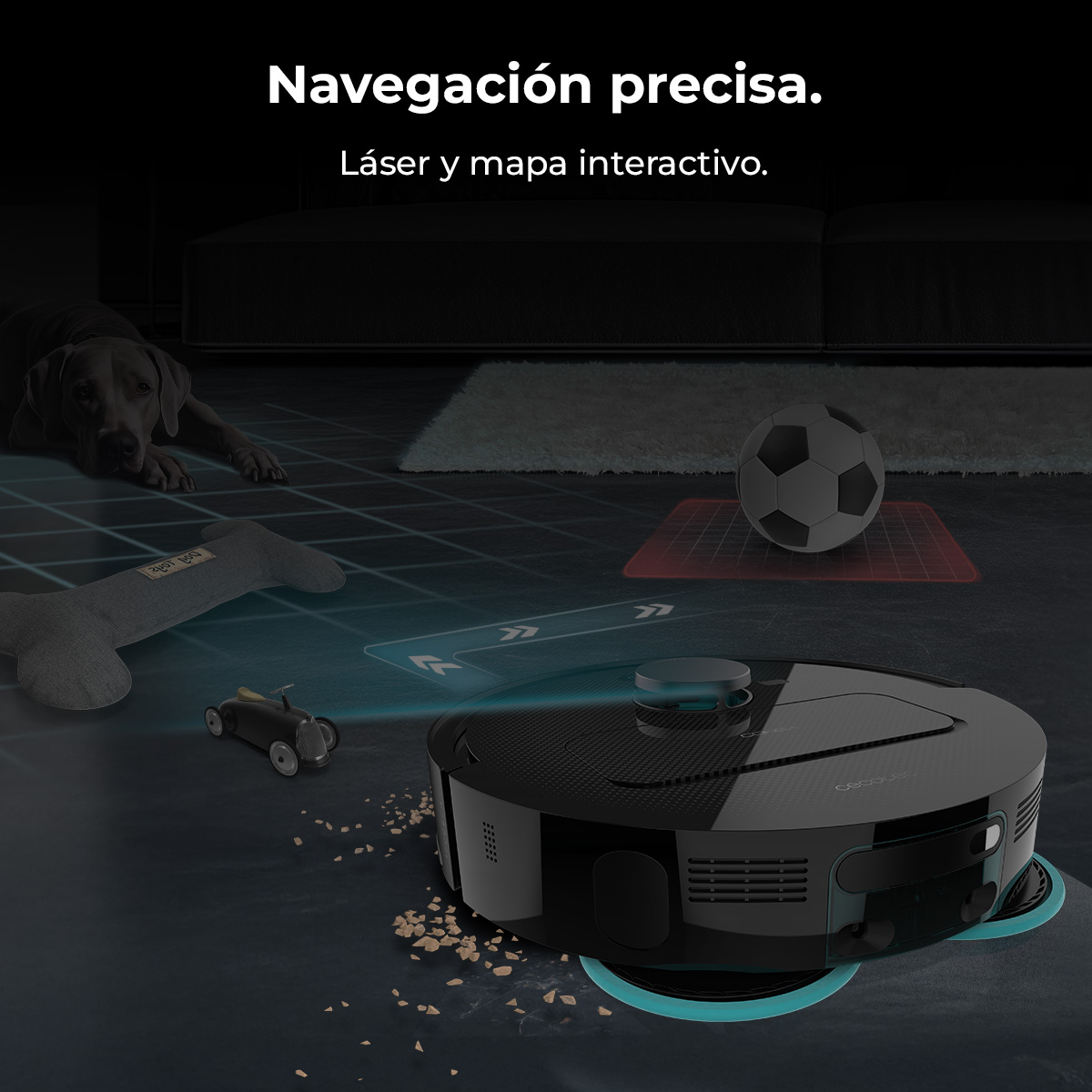 Una aspiradora robot en un suelo embaldosado. También hay un perro, un juguete con forma de hueso, un coche de juguete y un balón de fútbol. Texto: Navegación precisa.
