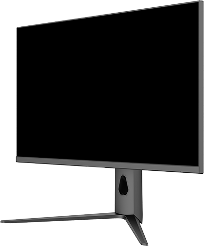 Egy szürke számítógép monitor fekete képernyővel, szögben. Az állvány szürke és egyedi kialakítású.