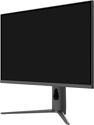 Egy modern számítógép monitor. Nagy fekete képernyővel, szürke állvánnyal és letisztult, minimalista dizájnnal rendelkezik.