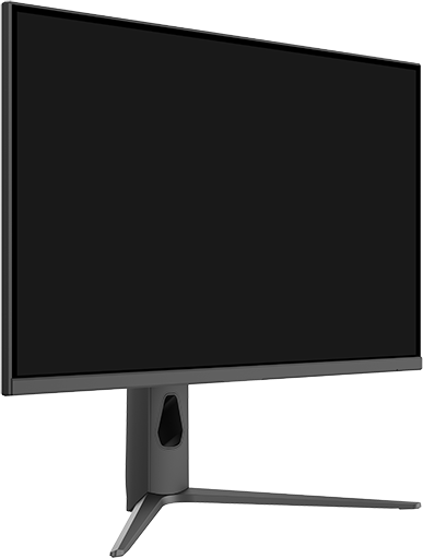 Egy modern számítógép monitor. Nagy fekete képernyője és szürke állványa van. Az állvány egyedi kialakítású, lyukkal.