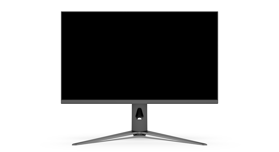 Egy számítógép monitor fekete képernyővel és szürke állvánnyal fehér háttér előtt. Az állvány egyedi, szögletes kialakítású.