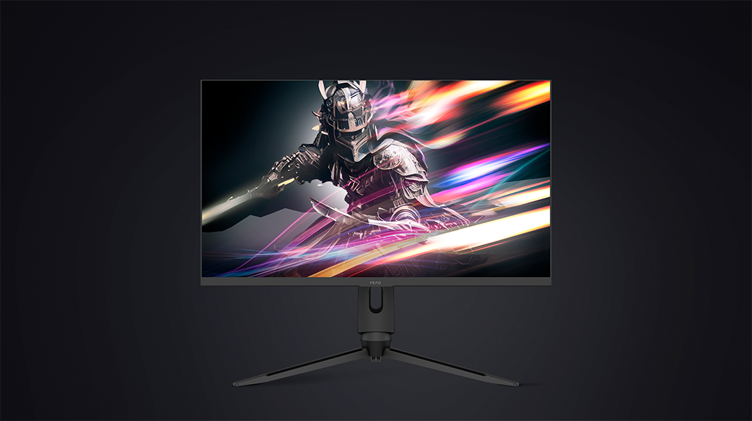 Monitor lovag képpel a képernyőn. A monitor fekete, háromlábú állvánnyal és sötét háttérrel.