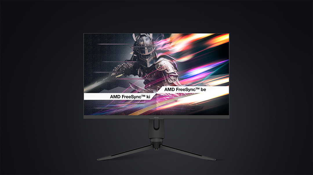 Monitor lovag képpel, AMD FreeSync logóval és állvánnyal fekete háttéren. A kijelző színes fénycsíkokat mutat.