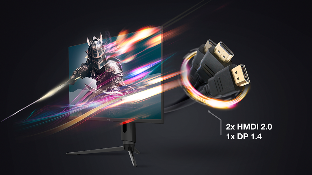 Monitor harcos képpel, HDMI-kábelekkel és DP-kábellel. A szöveg 2x HMDI 2.0 és 1x DP 1.4 portot jelez. Sötét háttér.