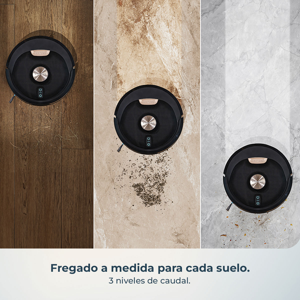 Tres aspiradoras robóticas en diferentes tipos de suelo, cada una limpiando. Suelos de madera, beige y mármol. Texto: "Limpieza a medida para cada suelo."