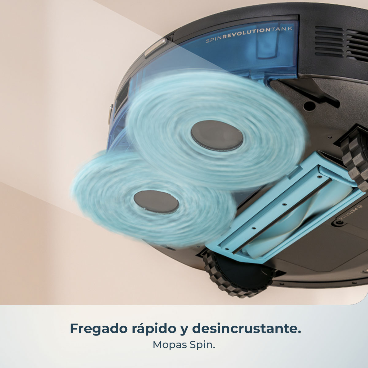 Primer plano de una mopa robótica negra y azul con mopa giratoria. El texto dice: Fregado rápido y desincrustante. Mopa Spin.