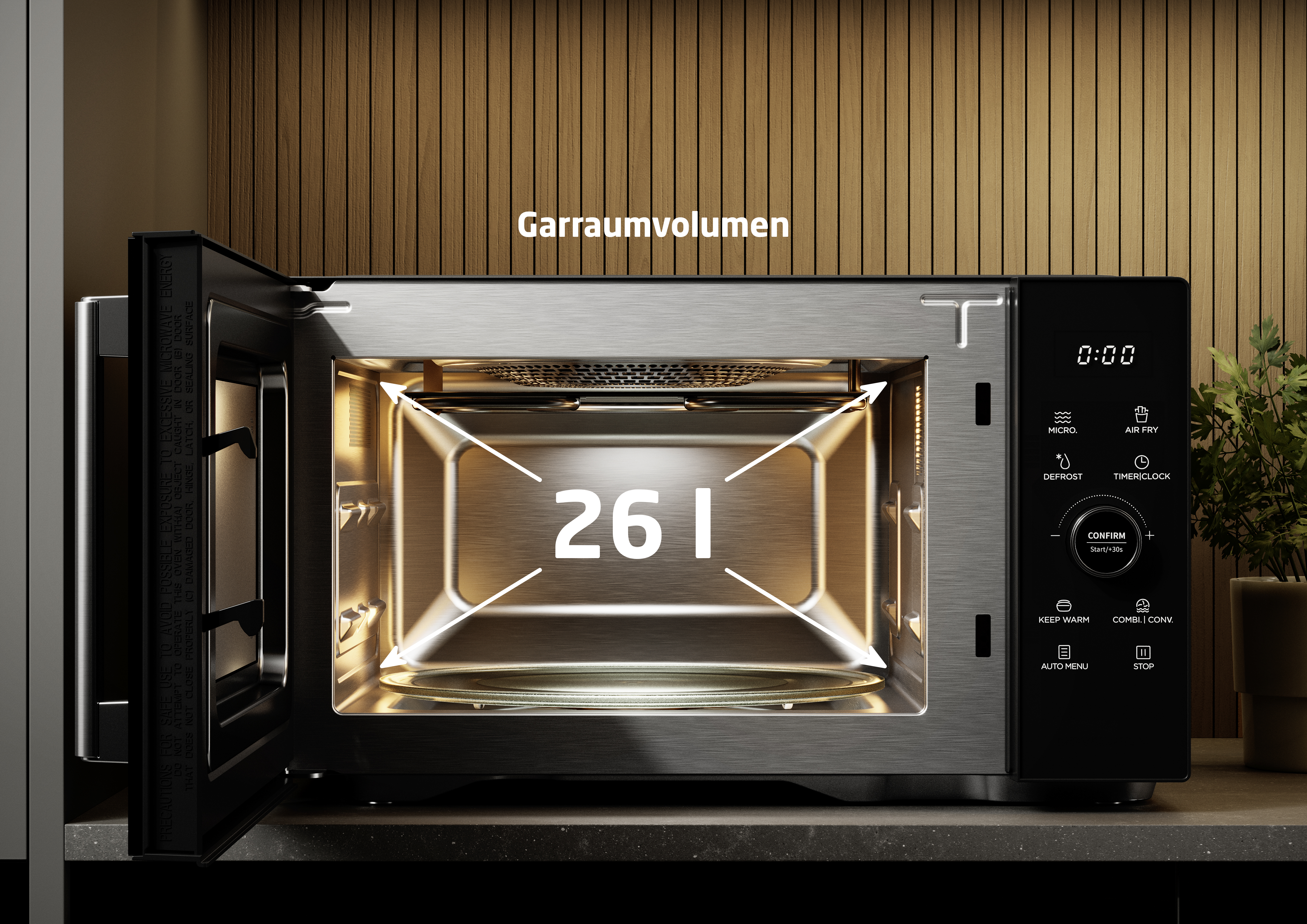 Offene Mikrowelle mit Innenansicht und Text '26 l'. Digitales Panel zeigt 0:00. Holz Hintergrund und Pflanze rechts.